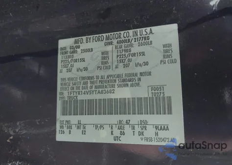 2000 Ford Ranger Xl/Xlt из США, поврежденный, VIN 1FTYR14V5YTA83682